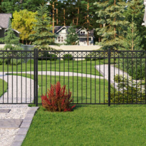 Black aluminum fence in front of a large home with many trees surrounding and lush grass